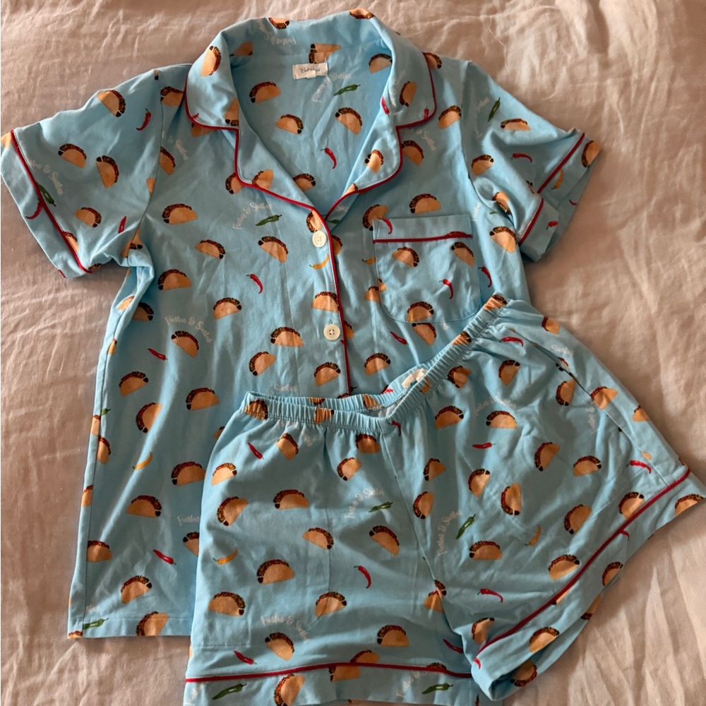 Bed Head (s) Taco Print Short Pajama Set - Light Blue NWOT (washed not worn)